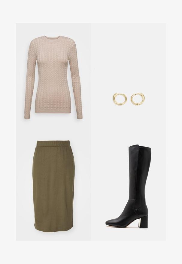 Suéter beige de manga larga con un patrón texturizado, que presenta un cuello redondo y puños acanalados. Fabricado en una tela suave y ligera.; Falda verde oliva, de longitud hasta la rodilla, hecha de una tela suave con una cinturilla elástica y un diseño recto; sin patrones ni acentos visibles.; Bota de cuero negra hasta la rodilla con punta afilada, tacón cuadrado y silueta elegante. Presenta costuras mínimas y una textura suave.; Pendientes de aro de oro con un diseño suave y redondeado. Presentan un pequeño cierre de bisagra, apariencia ligera y un acabado pulido.