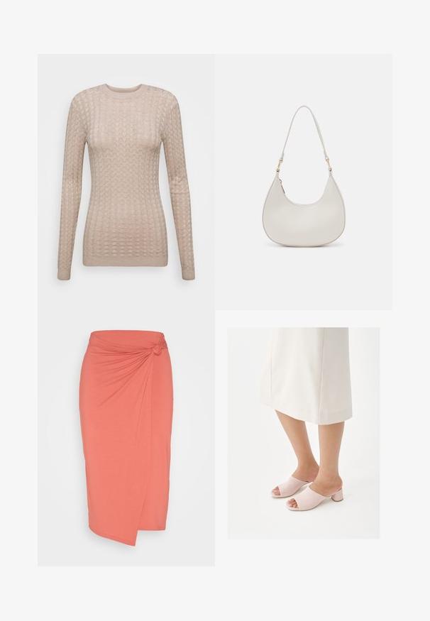 Beige langwerpige trui met een textuurpatroon, voorzien van een ronde halslijn en geribbelde manchetten. Gemaakt van een zachte, lichtgewicht stof.; Anna Field Kokerrok - red; Benen met een crèmekleurige midirok en lichtroze open-toe block hakmuiltjes op een witte achtergrond.; Crème leren schoudertas met een halve maan vorm, dunne schouderband en subtiele stiksels. Minimalistisch ontwerp met gouden hardware accenten.
