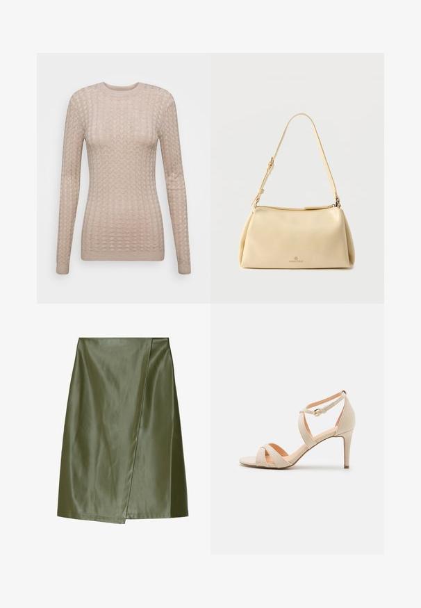 Suéter beige de manga larga con un patrón texturizado, que presenta un cuello redondo y puños acanalados. Fabricado en una tela suave y ligera.; Falda mini de imitación de cuero color verde oliva con un diseño envolvente diagonal, textura suave y costuras cuidadas a lo largo de los bordes.; Sanda en tacón alto de ante beige con puntera abierta, diseño de tiras entrelazadas y correa al tobillo con un hebilla en tono dorado.; Bolso de hombro beige rectangular con correa ajustable y cierre de cremallera, con un pequeño logo "Anna Field" en el centro frontal.
