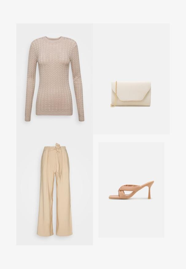 Beige langwerpige trui met een textuurpatroon, voorzien van een ronde halslijn en geribbelde manchetten. Gemaakt van een zachte, lichtgewicht stof.; Beige wijde broek in een gladde stof, met een gestrikt taille detail en voorplooien voor een gestructureerde vorm.; Glamorous Muiltjes met hak - camel; Beige clutch bag met een gladde textuur, gouden kettinghengsel en een envelopstijl klep met contrasterende gouden rand.