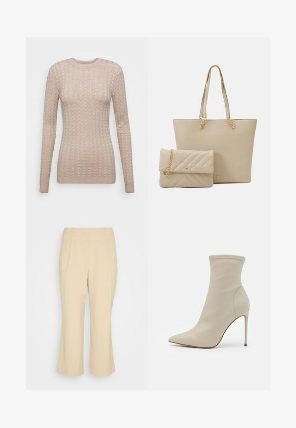 Pull beige à manches longues avec un motif texturé, doté d'un col rond et de poignets côtelés. Fabriqué dans un tissu doux et léger.; Esprit Collection PLEATED CULOTTE - Pantalon classique - sand; Bottines en cuir beige avec un bout pointu, ajustement confortable, texture lisse, talon aiguille haut, et détail de couture subtil le long de l'ouverture.; Sac fourre-tout beige avec des poignées plates, texture lisse et métal doré, accompagné d'une pochette matelassée assortie avec une chaîne.