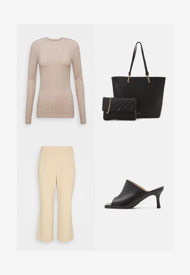 Beige langwerpige trui met een textuurpatroon, voorzien van een ronde halslijn en geribbelde manchetten. Gemaakt van een zachte, lichtgewicht stof.; Esprit Collection PLEATED CULOTTE - Broek - sand; Selected ASHLEY - Muiltjes met hak - black; Zwarte neplederen draagtas met twee stevige handvatten en gouden accenten, gecombineerd met een kleine gequilt zwarte clutch met een kettingband.