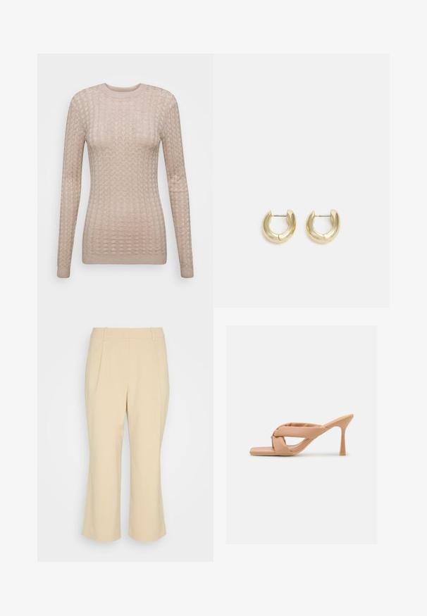 Suéter beige de manga larga con un patrón texturizado, que presenta un cuello redondo y puños acanalados. Fabricado en una tela suave y ligera.; Esprit Collection PLEATED CULOTTE - Pantalones - sand; Glamorous Mules de tacón - camel; Pendientes de aro en tono dorado con un acabado suave y pulido. Presentan una forma de medio círculo y un cierre de poste seguro.