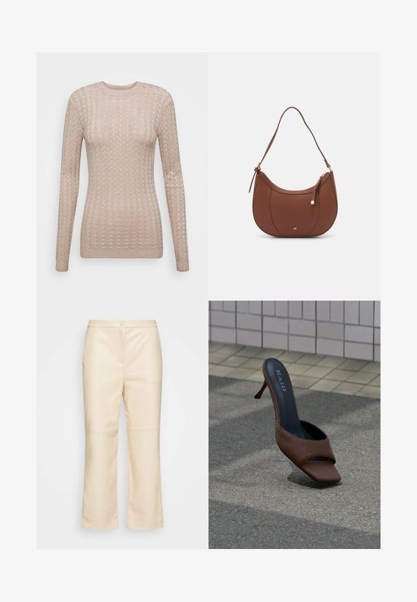 Pull beige à manches longues avec un motif texturé, doté d'un col rond et de poignets côtelés. Fabriqué dans un tissu doux et léger.; Esprit Collection Pantalon classique - dusty nude; Mule marron à talon haut et bout ouvert avec le nom de la marque « RAID » sur la semelle intérieure, posée sur l'asphalte près d'un mur carrelé.; Sac à épaule en faux cuir brun, de forme arrondie, avec des coutures minimales et un accent en matériel doré. Il possède une fermeture zippée sur le dessus et une sangle réglable.