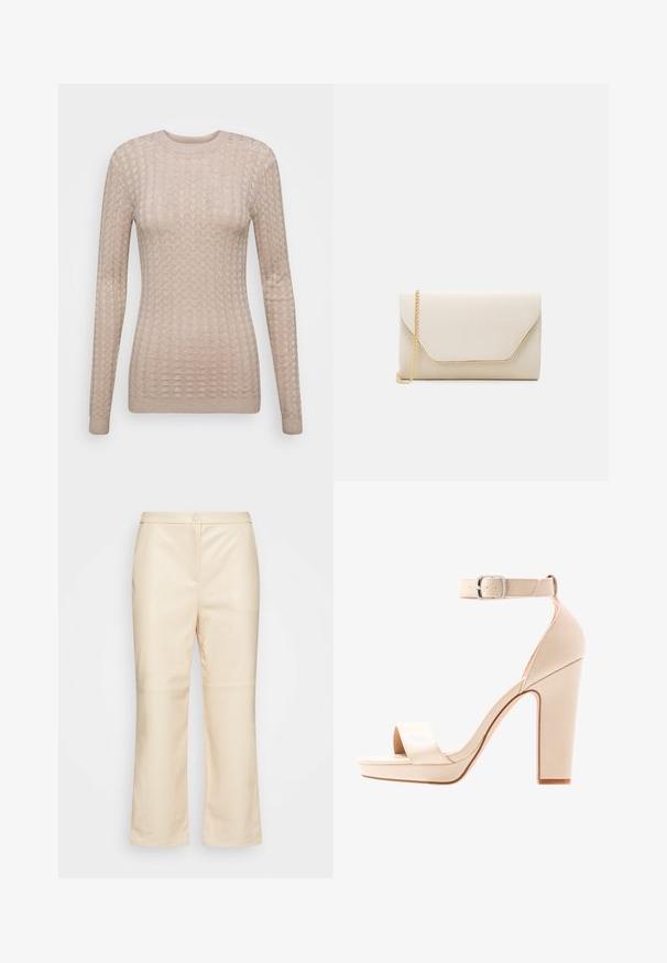 Suéter beige de manga larga con un patrón texturizado, que presenta un cuello redondo y puños acanalados. Fabricado en una tela suave y ligera.; Esprit Collection Pantalones - dusty nude; Anna Field by Zalando Sandalias - offwhite; Bolso de mano beige con textura suave, correa de cadena dorada y una solapa estilo sobre con un ribete dorado en contraste.