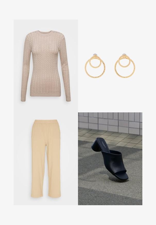 Suéter beige de manga larga con un patrón texturizado, que presenta un cuello redondo y puños acanalados. Fabricado en una tela suave y ligera.; Pantalones recortados, ligeros y beige con cinturilla elástica. Presentan un ajuste holgado y una textura suave, adecuados para un uso informal.; Mule de piel negra con punta abierta y tacón ancho, posicionado sobre asfalto cerca de una superficie de baldosas.; Pendientes de aro en tono dorado que presentan dos círculos entrelazados con un acabado texturizado. Diseñados con un respaldo liso y seguro.