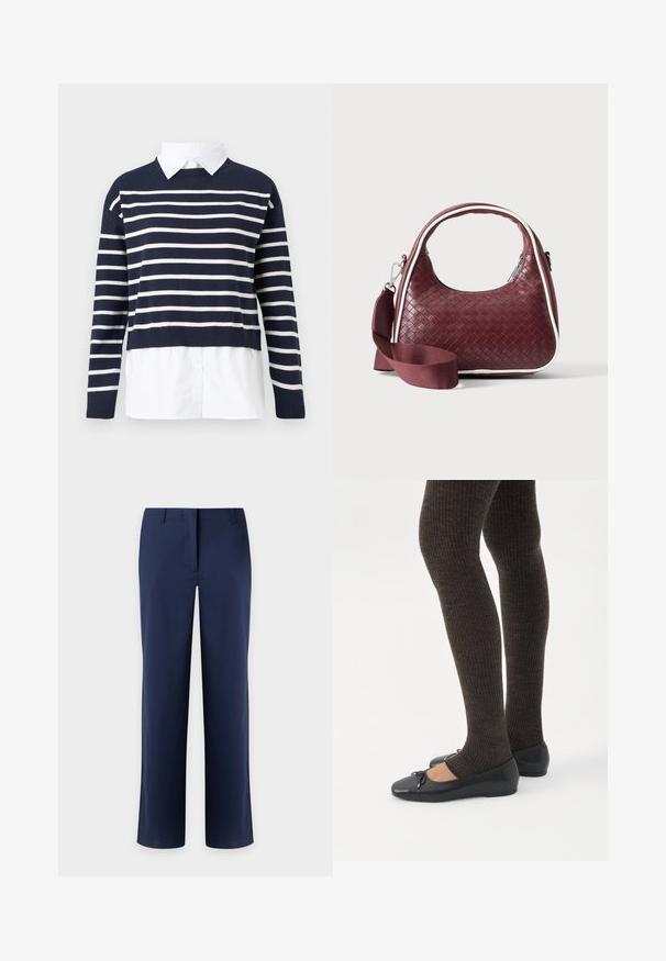 Pull marine avec des rayures horizontales blanches, col rond, design court et une chemise blanche en dessous. Tissu tricoté texturé.; Pantalon bleu marine à jambes droites avec passants de ceinture et fermeture avant dissimulée, présenté sur un fond clair.; Jambes portant des leggings côtelés foncés associés à des ballerines noires avec de petits détails en nœud sur fond blanc.; Sac à main en cuir tressé marron foncé avec poignée courbée, garniture blanche, fermeture éclair argentée et bandoulière large en tissu amovible sur fond uni.