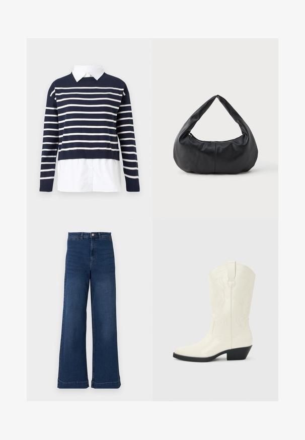 Marineblå sweater med hvide vandrette striber, rund halsudskæring, cropped design og en hvid skjorte under. Struktureret strikket stof.; Bredde ben blå denim jeans med høj talje, med en frontknaplukning, fem lommer og diskrete syninger.; Hvid western-støvle til midt på læggen med spids tå, sort stablet hæl, dekorative sømme og trækflap på skaftet.; Sorte bløde læder halvmåneformet håndtaske med et tykt, polstret håndtag og lynlås lukning i toppen.