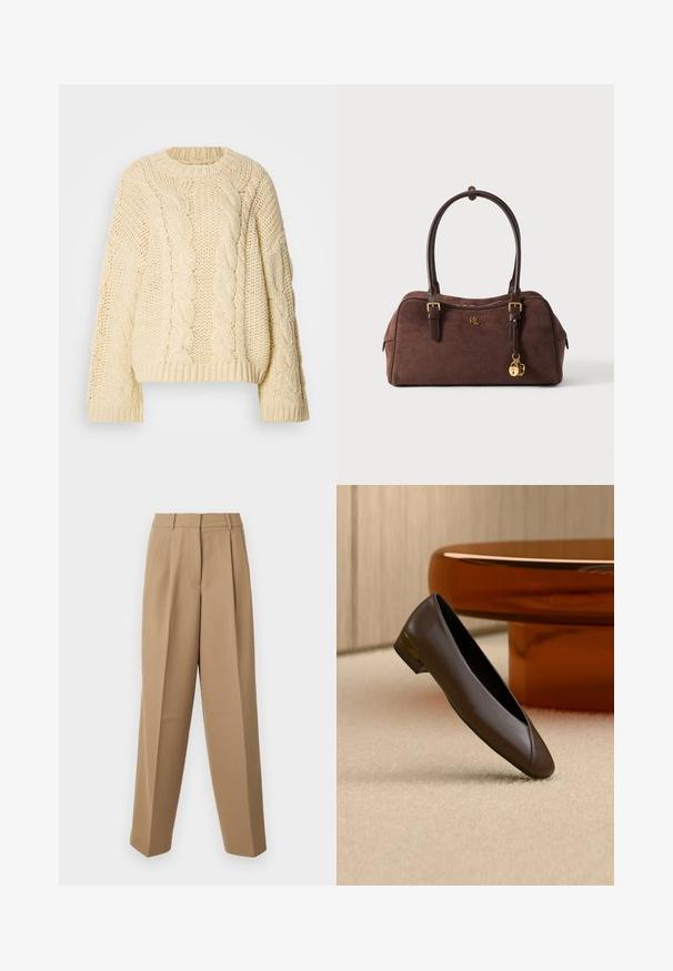 Crème-kleurige kabelgebreide trui met een ronde halslijn en lange, wijde mouwen. Bevat textuurpatronen en geribbelde manchetten en zoom.; Beige op maat gemaakte broek met een hoge taille, geplooide voorkant en wijde pijpen. De stof lijkt glad met een lichte glans.; Donkerbruine leren platte schoen met een lage hak en gouden accent, geplaatst op een beige tapijt bij een ronde amberkleurige tafel.; Bruine leren handtas met dubbele handvatten, goudkleurige slotbedel en "RL" logo aan de voorkant, tegen een effen lichte achtergrond.