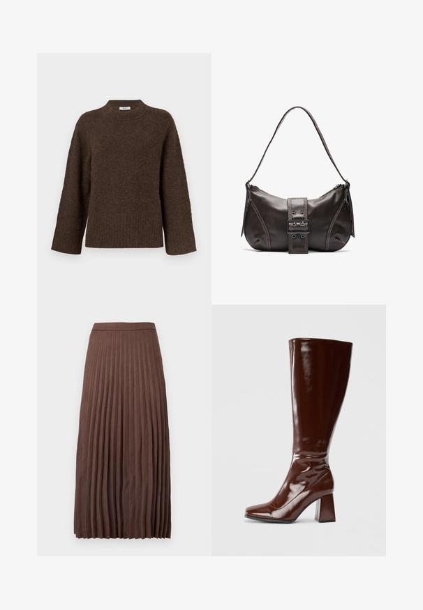 Jersey de punto marrón con un cuello alto, mangas anchas, dobladillo acanalado y una textura suave. Presenta un corte relajado y un diseño minimalista.; Falda midi marrón con pliegues, hecha de una tela texturizada, que presenta una cinturilla ajustada y pliegues verticales que se extienden desde la cintura hasta el dobladillo.; Botas de charol marrones hasta la rodilla con punta cuadrada, acabado brillante y un tacón ancho para mayor estabilidad. Diseño sin costuras sin herrajes visibles.; Bolso de hombro de cuero marrón con forma curva, que presenta un prominente detalle de hebilla, costuras en contraste y una sola correa para el hombro.