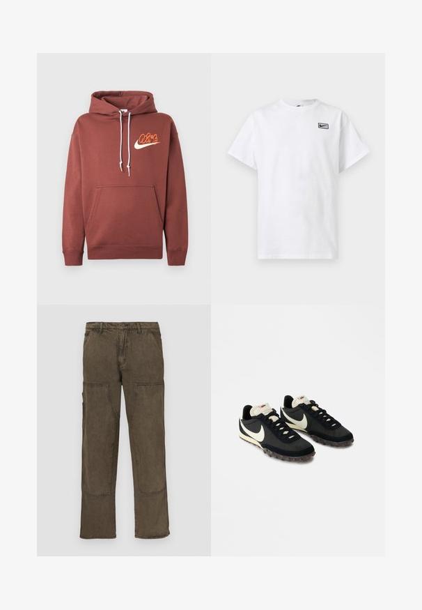 Brauner Hoodie aus Baumwolle. Mit einer vorderen Tasche, weißen Kordeln und einem Logo mit dem Text "Air" sowie einem Schwung in Orange und Creme.; Weißes T-Shirt mit kurzen Ärmeln und Rundhalsausschnitt, mit kleinem schwarzem Nike Swoosh-Logo in einem Rechteck auf der linken Brust.; Cargohosen aus dunkelbraunem Stoff mit mehreren Taschen, geradem Beinverlauf, verstärkten Einsätzen und detaillierten Nähten.; Schwarze Sportschuhe mit einer strukturierten Oberseite, weißem Swoosh-Logo und einer Gummisohle, die mit kleinen Noppen für besseren Halt ausgestattet ist. Beigefarbener Kragen.