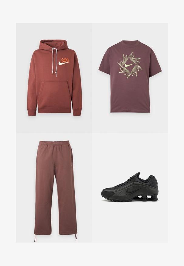 Bruine hoodie van katoen. Bevat een voorzak, witte trekkoorden en een logo met de tekst "Air" en een swoosh in oranje en crème.; Korte mouw bordeauxrood T-shirt met een neongeel abstract spikkelvormig cirkeldesign en een centraal swoosh-logo op de borst.; Bruine broek met elastische tailleband, gemaakt van zacht stof, voorzien van zijzakken en verstelbare koordjes bij de pijpen voor een op maat gemaakte pasvorm.; Zwarte hardloopschoenen met een glad bovenwerk van synthetisch materiaal, geperforeerde accenten, gestructureerde zijpanelen en een opvallende veerkrachtige zool.