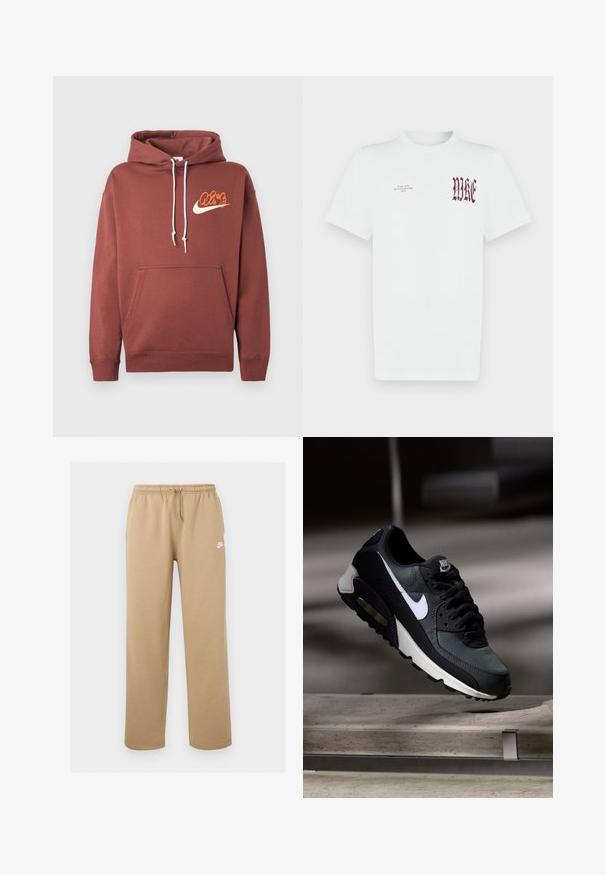 Bruine hoodie van katoen. Bevat een voorzak, witte trekkoorden en een logo met de tekst "Air" en een swoosh in oranje en crème.; Wit katoenen T-shirt met rode "NIKE"-opdruk en tekst op de linkerborst. Korte mouwen en een ronde hals, gladde textuur.; Beige Nike joggingbroek met elastische tailleband, aantrekkoord, zijzakken en wit Nike-logo op de linker dij.; Zwart-grijze Nike Air Max sneaker met witte swoosh, zwevend boven een betonnen oppervlak tegen een wazige donkere achtergrond.