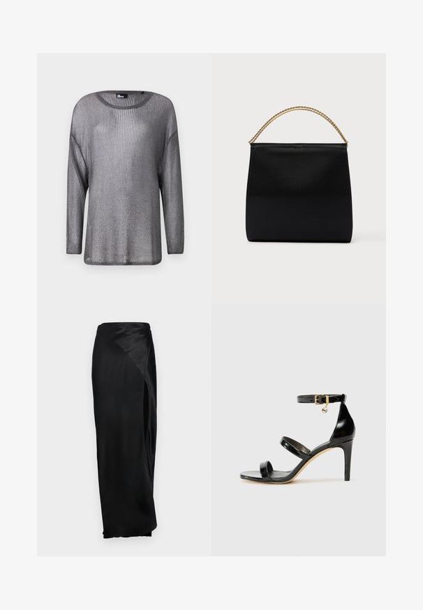 Sølvmetallic langærmet sweater med åben strikstruktur. Har en bred halsudskæring og afslappet pasform, der viser et let og luftigt design.; Sort satin maxiskørt med en sideslids, glat tekstur og draperet design. Har en høj talje og en flydende silhuet.; Sorte patenterede lædersandaler med tre stropper, ankelspænde og 10 cm stiletthæl. Har detaljer i guld og et logo charms.; Sort taske lavet af glat stof, med en struktureret form, et håndtag med guld kæde og et minimalistisk geometrisk design.