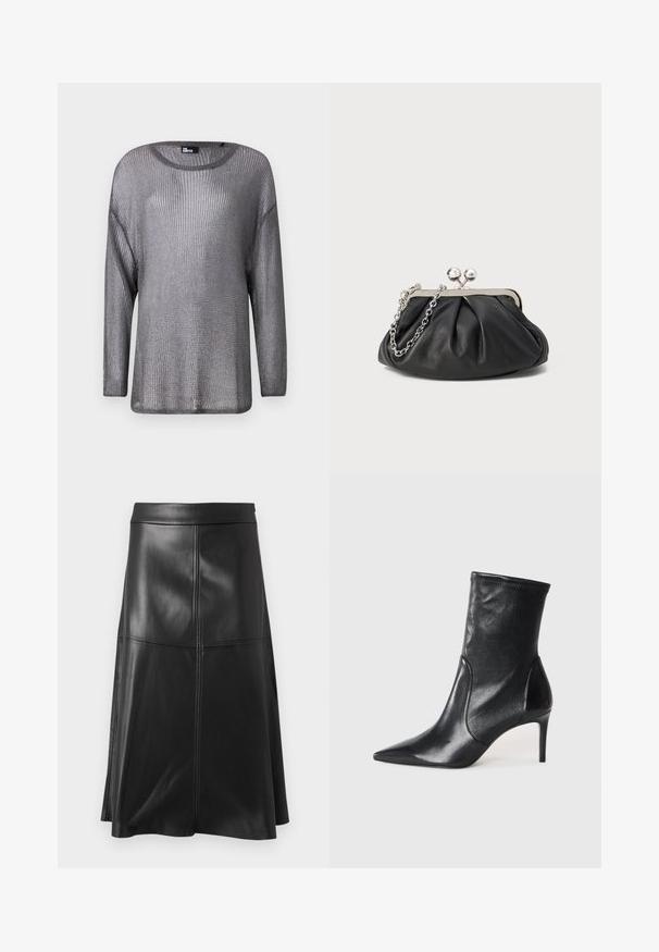 Sølvmetallic langærmet sweater med åben strikstruktur. Har en bred halsudskæring og afslappet pasform, der viser et let og luftigt design.; Sort læder A-line nederdel med en glat tekstur, der har lodrette sømdetaljer og en talje. Kanten falder lige under knæet.; Sorte ankelstøvler lavet af glat læder, med spids tå, tætsiddende skaft og en slank høj hæl. Minimalistisk design uden synligt hardware.; Sort læder clutch med samlet tekstur, sølvfarvet metalramme, kys-lås lukning og kædestrop. Glat, blød overflade.