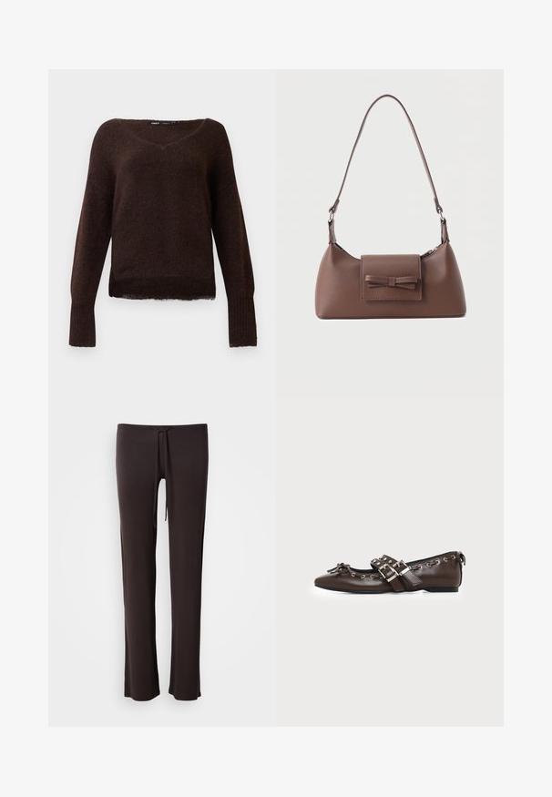 Pull en tricot fuzzy marron foncé avec un col en V, des manches longues et des poignets côtelés sur un fond blanc uni.; Pantalon noir léger à coupe droite, taille à cordon de serrage et texture lisse ; conçu pour le confort et la liberté de mouvement.; Chaussure plate en cuir marron foncé avec bout pointu, doubles brides à boucles argentées, œillets métalliques et nœud décoratif à l'avant.; Sac à bandoulière en cuir marron avec une poche à rabat avant ornée d'un détail en forme de nœud cousu et une sangle réglable.