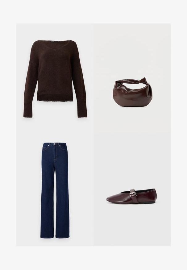 Dunkelbrauner, fuzziger Strickpullover mit V-Ausschnitt, langen Ärmeln und gerippten Bündchen auf einem schlichten weißen Hintergrund.; Dunkelblaue Denim-Jeans mit hoher Taille, weitem Bein und klassischem Fünf-Taschen-Design. Abgerundet mit kontrastierenden Nähten und einem Metallknopf.; Burgunderfarbene Leder-Ballettschuhe mit spitzem Schuhkopf, flacher Sohle und einem dekorativen Schnallenriemen quer über dem Spann. Glatte, glänzende Textur.; Dunkelbraune Lederschultertasche mit weicher, lockerer Form und einem gedrehten Knotengriff vor schlichtem weißem Hintergrund.