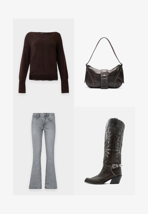 Mørkebrun fuzzy striktrøje med V-hals, lange ærmer og ribbede manchetter på en ensfarvet hvid baggrund.; Lystgrå, flagrende jeans lavet af denim. Har en høj talje, fem-lomme design og en falmet vask med syninger ved sømmene.; Sort læder cowboystøvle med dekorative udskæringer, sølvspænde og skrå hæl, vist på hvid baggrund.; Brun læder skuldertaske med en buet form, der har et fremtrædende spænde, kontrasterende syninger og en enkelt skulderrem.