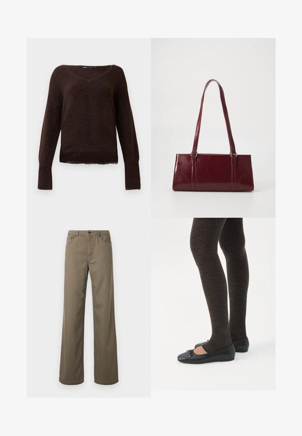 Σκούρος καφέ fuzzy πλεκτός σ sweater με V λαιμό, μακριά μανίκια και ριμπ τελειώματα σε λευκό φόντο.; Παντελόνια με φαρδιά πόδια σε ελιά βαμβάκι, με κλείσιμο με κουμπί, θηλιές για ζώνη και σχεδιασμό πέντε τσεπών με λεία, ανθεκτική υφή.; Πόδια με σκουρόχρωμα ριμπ κολάν συνδυασμένα με μαύρα μπαλαρίνα παπούτσια με μικρές λεπτομέρειες φιόγκων σε λευκό φόντο.; Μπορντό τσάντα ώμου από γυαλιστερό υλικό, ορθογώνιο σχήμα, με δύο ιμάντες ώμου και λεπτές καμπύλες λεπτομέρειες στο μπροστινό μέρος.