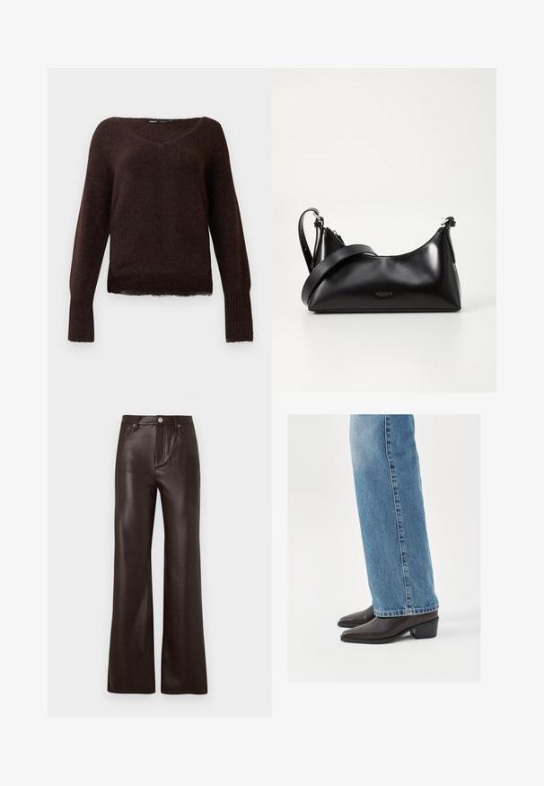 Donkerbruin bont gebreid trui met V-hals, lange mouwen en geribbelde manchetten op een effen witte achtergrond.; Vero Moda Wide-leg VMTESSA High rise - Broek - chocolate torte; Bruine leren enkellaarzen met een spitse neus en blokhak, gecombineerd met lichtblauwe recht gesneden jeans, die een schoon en eenvoudig ontwerp tonen.; Zwarte leren handtas met een gladde textuur. Beschikt over een verstelbare schouderband en een strak, minimalistisch ontwerp met een ritssluiting.