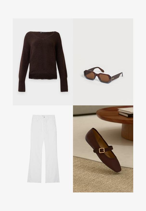 Donkerbruin bont gebreid trui met V-hals, lange mouwen en geribbelde manchetten op een effen witte achtergrond.; Witte flared jeans van katoenen denim, met twee voorzakken, een rits en een metalen knoop. Glad textuur met minimale details.; Bruine leren platte schoen met spitse neus en een decoratieve band met een gouden gesp. Warme beige geweven textuur achtergrond.; Rechthoekige bruin getinte zonnebril met dikke schildpadprint monturen en het "Quay"-logo op de poot, geplaatst op een lichte ondergrond.