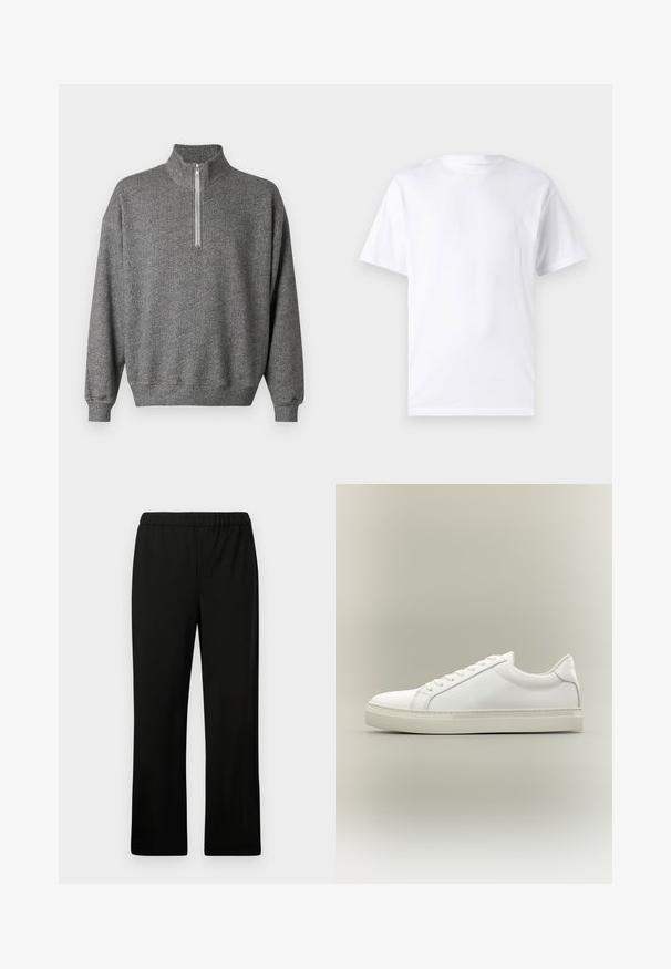 Sweat-shirt gris à chevrons avec col montant et fermeture éclair à quart. Comprend des poignets et un ourlet côtelés pour une finition texturée.; T-shirt blanc à manches courtes en coton avec un col rond, présentant une texture lisse et un design simple, sans motifs ni accents.; Pantalon noir à taille élastique avec une coupe droite. Réalisé en tissu lisse, sans motifs ni embellissements visibles.; Baskets blanches basses à lacets sur l’avant et semelle épaisse, vues de côté sur un fond neutre.