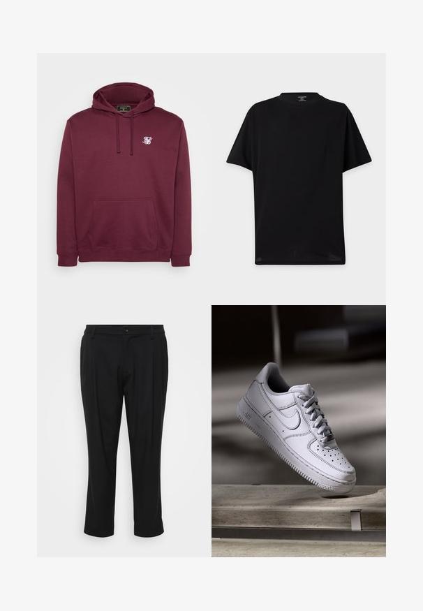 Sweatshirt à capuche bordeaux en tissu doux, avec une poche frontale et un petit logo blanc sur la poitrine. Manches longues et poignets côtelés.; T-shirt noir uni à manches courtes et col rond, sans logos ni motifs visibles, présenté sur un fond clair.; Pantalon noir ajusté avec un design à jambe droite. Fabriqué dans un tissu lisse, avec une fermeture à bouton et deux poches avant.; La basket Nike Air Force 1 en cuir blanc présente un embout perforé, des lacets plats et une semelle en caoutchouc texturée avec le logo « AIR » sur le côté.