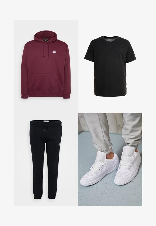 Bordeaux capuchon sweatshirt van zachte stof, met een voorkantzak en een klein wit logo op de borst. Lange mouwen en geribbelde manchetten.; Zwarte t-shirt met korte mouwen, gemaakt van zachte stof, met een ronde hals en een rechte snit, zonder zichtbare patronen of graphics.; Zwarte sweatpants van zacht materiaal, met een elastische tailleband, een trekkoord, zijzakken en een klein logo op de heup.; Witte leren sneakers met een geperforeerde neus, platte veters, een gepolsterde kraag en het Jordan-logo op de tong. Gediend met grijze joggers.