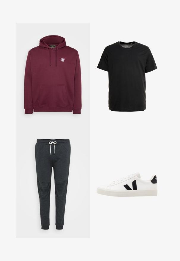 Burgundia kapuutsweater, mis on valmistatud pehmest kangast, esiküljel tasku ja väike valge logo rinnal. Pikad varrukad ja soonikkoes mansetid.; Must have lühikeste varrukatega must T-särk, mis on valmistatud pehmest kangast, ümmarguse kaelaaukuga ja sirge lõikega, ilma nähtavate mustrite või graafikateta.; Tumed hallid spooripüksid valge nööriga, ribidega põlve detailid, elastne vöökoht ja mansetid pahkluude juures puhta tausta taustal.; Valge nahast tennis, millel on mustast sametist detailid; omab kummist tallato, ümmargust nina ja klassikalist nööpidega kinnihoidmist. Külgmine logo musta värviga.