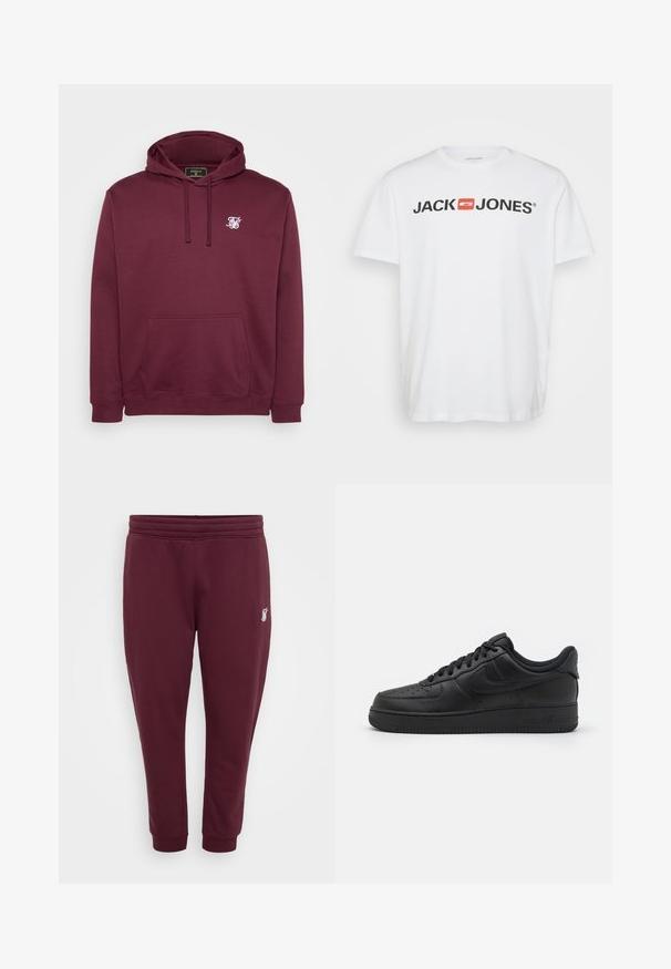 Bordeaux capuchon sweatshirt van zachte stof, met een voorkantzak en een klein wit logo op de borst. Lange mouwen en geribbelde manchetten.; Witte katoenen t-shirt met het "JACK & JONES" logo in zwart en een rode rechthoekige accent. Korte mouwen en ronde hals. Gladde textuur.; Bordeaux sweatpants van zachte stof, met een elastische tailleband, gebreide enkels en een klein geborduurd logo op de linkerdij.; Nike Sportswear AIR FORCE 1 07 FLYEASE - Sneakers laag - black