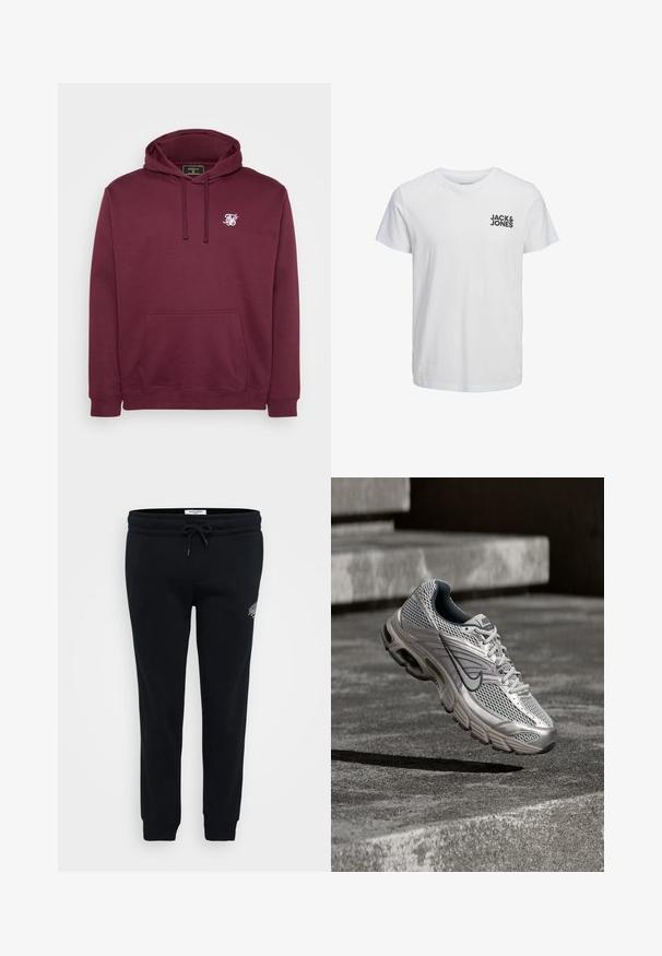 Bordeaux capuchon sweatshirt van zachte stof, met een voorkantzak en een klein wit logo op de borst. Lange mouwen en geribbelde manchetten.; Witte katoenen t-shirt met een ronde hals, korte mouwen en een zwart logo "JACK & JONES" op de linkerborst. Soepele textuur.; Zwarte sweatpants van zacht materiaal, met een elastische tailleband, een trekkoord, zijzakken en een klein logo op de heup.; Zilveren en grijze Nike hardloopschoen zwevend in de lucht boven betonnen traptreden, met zichtbare mesh bovenkant en gedempte zool details.