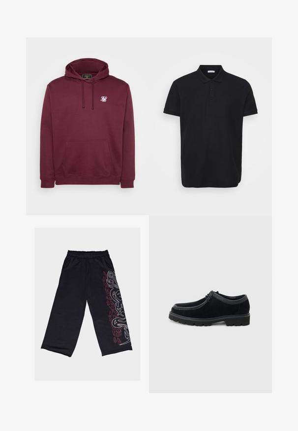 Burgundy huppari, joka on valmistettu pehmeästä kankaasta ja jossa on etutasku sekä pieni valkoinen logo rinnassa. Pitkähihaiset ja resorireunaiset hihat.; Mustapaita ribbitetulla pinnalla, jossa on klassinen kaulus, kolmen napin lista ja hillitty logo vasemmassa rinnassa.; Musta, leveälahkeiset housut pehmeästä kankaasta. Vasenta sivua koristaa valko-punainen heimokuvio, vyötäröllä on joustava vyötärönauha ja taskut.; Musta mokkanahkainen nauhakenkä, jossa on paksu kumipohja ja pyöreä kärki, esitetty sivulta vaaleanharmaalla taustalla.