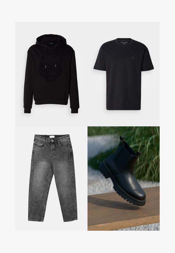 Sort hættetrøje lavet af blødt stof med et hævet løvegrafik i midten. Inkluderer en hætte med snoretræk og ribbede manchetter.; Sort bomulds t-shirt med korte ærmer, rund halsudskæring og en tekstureret, sort logo-patch på brystet. Glat, let stof.; Sorte vasket straight-leg jeans med for- og baglommer, bæltestropper og knaplukning i taljen.; Sorte læder ankelstøvler med elastiske sidepaneler, rund tå og kraftig sål, vist på en træoverflade.