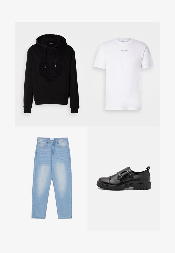 Sort hættetrøje lavet af blødt stof med et hævet løvegrafik i midten. Inkluderer en hætte med snoretræk og ribbede manchetter.; Hvid kortærmet t-shirt lavet af bomuld med rund hals. Fås med "Marc O'Polo" logo i sort på brystet. Glat tekstur, minimalistisk design.; Lyseblå denimjeans med en afslappet pasform, der har fem lommer, subtil falming og syninger langs sømmene.; Pier One by Zalando Business loafers - black