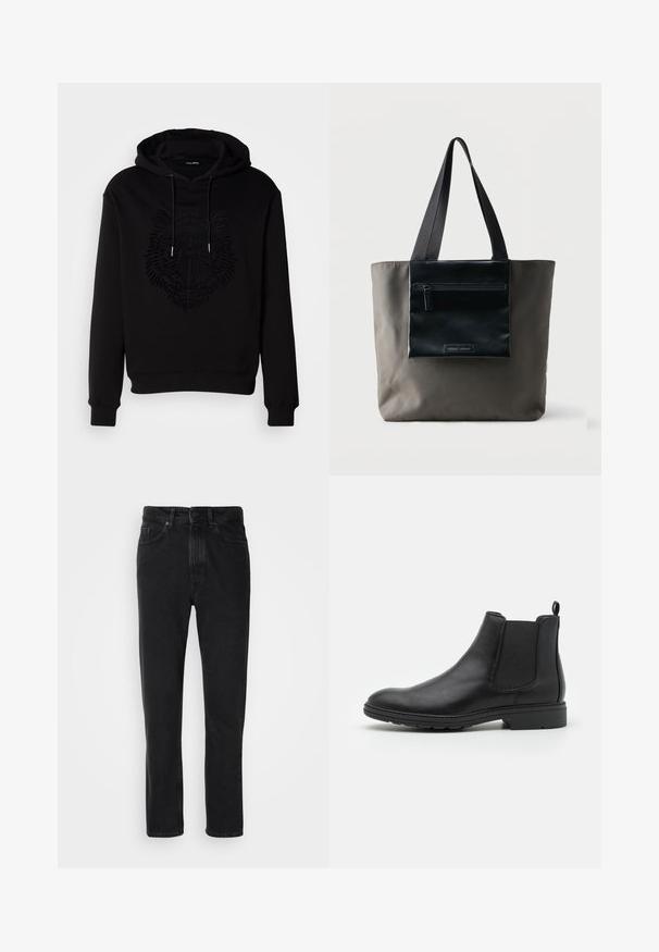 Sort hættetrøje lavet af blødt stof med et hævet løvegrafik i midten. Inkluderer en hætte med snoretræk og ribbede manchetter.; Sorte denim jeans med lige ben-design, med knap- og lynlåslukning, forlommer og subtile teksturer.; Sort læder Chelsea-boot med elastiske sidepaneler og en løftestrop, der har en rund tå og en tekstureret gummisål.; Grå shopper-taske med sort lynlåslomme foran og sorte skulderstropper på ensfarvet baggrund.