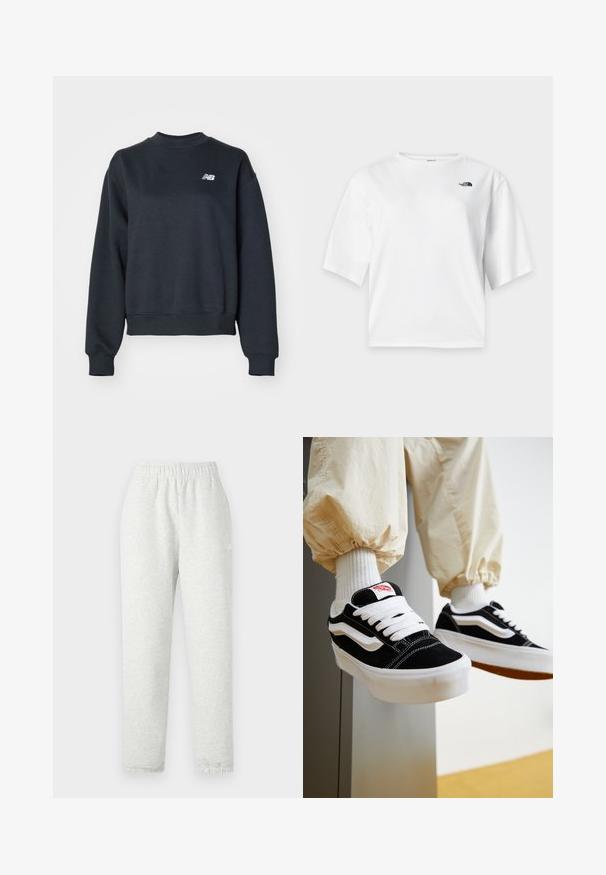 Tumehall hallide käeaukudega dress, mis on valmistatud puuvillasegistusega kangast. Omab ribatrepid kaelas ja mansetides, ning rinna peal on väike valge logo.; Valge lühikeste varrukatega ümara kaelusega T-särk musta The North Face'i logoga vasakul rinnal.; Heledad hallhalli, elastselt kohanduv vöökoht, kitsenevad sääred ja soonikservad. Valmistatud pehmest, tekstuuriga kangast. Valge logo detail külgedel.; Isik, kes kannab mustvalgeid Vansi tossusid valgete paelte, valgete sokkide ja beežide elastsete mansettidega pükstega.