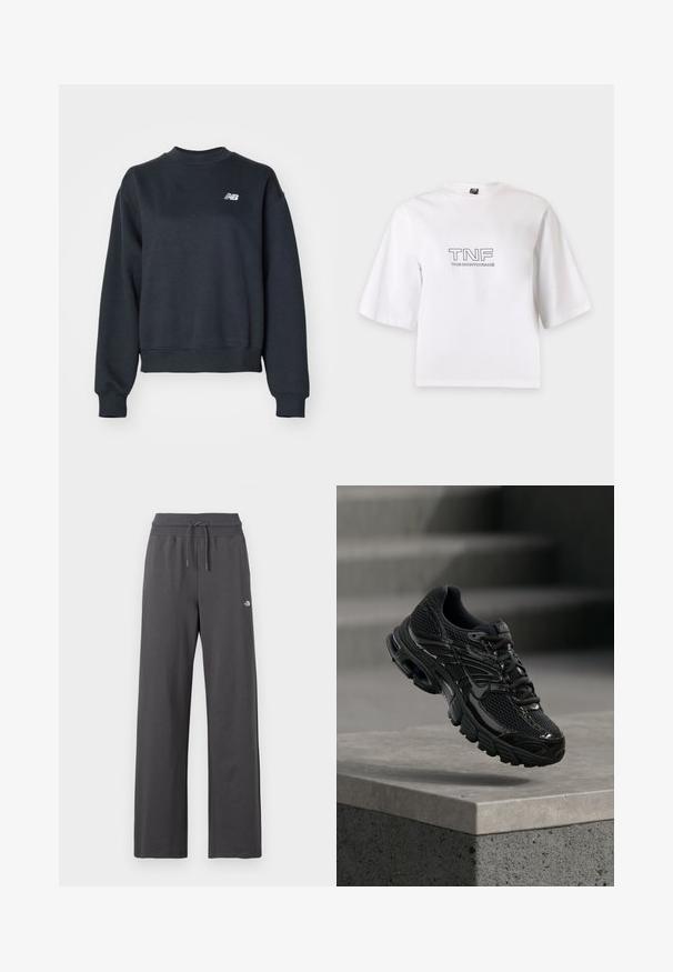 Tumehall hallide käeaukudega dress, mis on valmistatud puuvillasegistusega kangast. Omab ribatrepid kaelas ja mansetides, ning rinna peal on väike valge logo.; Valge lühikeste varrukatega T-särk, millel on TNF ja The North Face'i logo musta värviga trükitud esiküljel keskel.; Tumedat hallid laiade säärega dressipüksid soonikkoelise elastse vöökoha ja paelaga, millel on paremal reiel väike valge logo.; Must Nike jooksujalatsite võrkkangas ja sünteetilise pealiskihiga, hõljub betoonpinna ja tähtede kohal taustal.