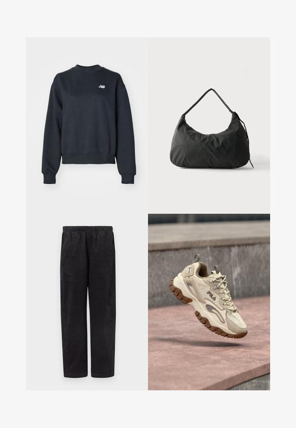 Tumehall hallide käeaukudega dress, mis on valmistatud puuvillasegistusega kangast. Omab ribatrepid kaelas ja mansetides, ning rinna peal on väike valge logo.; Mustad veluurpüksid elastse vöökohaga ja sirgete säärtega, esitatud tasapinnal valge tausta ees.; Beež sportkinga võrgust ja sünteetilisest ülaosast, kummist tallaga, ümarate varvastega ja pitsidega, millel on hallid aktsendid ja logo detail.; Mustast pehmest kangast õlakott ühe rihmaga ja veidi kortsus tekstuuriga ühtlasel heledal taustal.