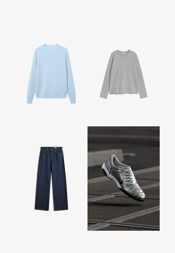 Lyseblå sweater lavet af blødt stof, med rund hals, lange ærmer og ribbede manchetter og kant. Glat tekstur, afslappet design.; Grå langærmet T-shirt med rund halsudskæring, lavet af et blødt tekstil. Har en lige kant og minimale syninger.; Bredde ben mørke denimjeans med fem lommer, synlig syning og knaplukning. Har en lige pasform og let slid.; Sølv Nike sko med en glat finish, der har et snørebåndsdesign og en sort ydersål. Tekstureret overdel med subtile accenter og logo.