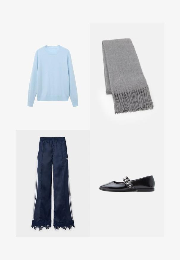 Suéter azul claro hecho de tela suave, con cuello redondo, mangas largas y puños y dobladillo acanalados. Textura suave, diseño casual.; Pantalones deportivos de pierna ancha azul marino con rayas laterales blancas, cintura elástica, logo de adidas en la cadera y detalle de encaje en el dobladillo.; Zapato plano de charol negro con puntera cuadrada, detalle de hebilla lateral y tacón bajo y redondeado. Textura suave y diseño minimalista.; Bufanda gris hecha de un tejido suave, con un patrón de espiga y bordes con flecos. Textura suave, forma rectangular y color sutil.