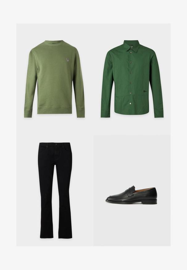 Sweat-shirt uni vert olive à manches longues et col rond avec un petit logo zèbre multicolore sur la poitrine gauche.; Chemise à manches longues vert foncé avec boutons, col classique et petit détail brodé près du bas côté droit.; Jean noir coupe droite avec bouton à l’avant et passants pour ceinture, présenté à plat sur un fond clair.; Mocassin en cuir noir avec un bout arrondi, des coutures subtiles et un talon bas, présentant une texture lisse et un design minimaliste.