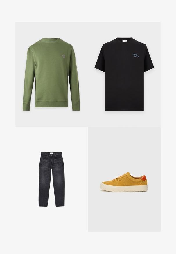 Sweat-shirt uni vert olive à manches longues et col rond avec un petit logo zèbre multicolore sur la poitrine gauche.; T-shirt en coton noir à manches courtes, avec un petit logo bleu brodé sur la poitrine gauche et un col rond.; Jean noir taille haute à jambes droites avec boutons devant, passants de ceinture et deux poches avant sur fond blanc.; Baskets jaunes en daim avec une semelle en caoutchouc crème, mettant en avant des accents marron et un design à lacets, surface texturée avec des détails de couture sur le côté.