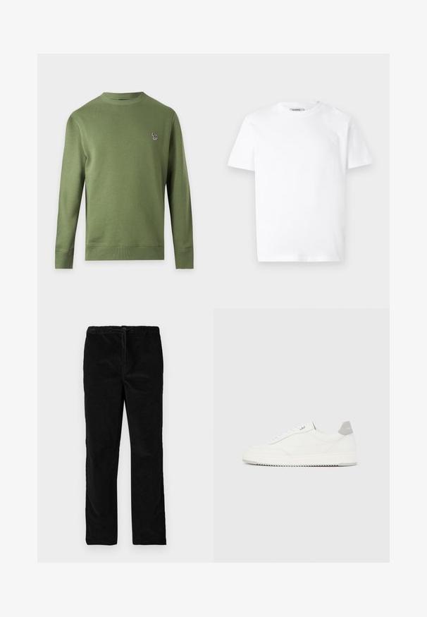 Sweat-shirt uni vert olive à manches longues et col rond avec un petit logo zèbre multicolore sur la poitrine gauche.; T-shirt en coton blanc avec un col rond et des manches courtes. Présente un petit logo en relief sur la poitrine gauche. Texture lisse.; Pantalons en velours noirs à jambes droites avec une taille élastique et un cordon de serrage à l'avant, présentés sur un fond blanc uni.; Baskets basses blanches avec un onglet de talon gris, des lacets blancs et une semelle texturée, présentées sur un fond uni clair.