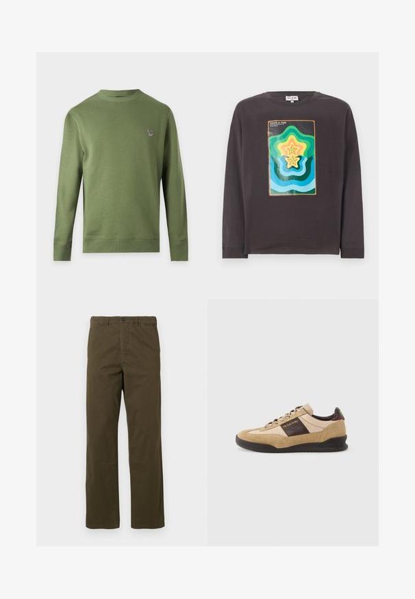 Sweat-shirt uni vert olive à manches longues et col rond avec un petit logo zèbre multicolore sur la poitrine gauche.; T-shirt à manches longues gris foncé avec un design géométrique coloré comprenant des vagues et des étoiles en vert, bleu, jaune et orange.; Pantalons en coton marron pour hommes, coupe droite, avec passants de ceinture, bouton frontal et fermeture éclair sur fond clair.; Baskets en suède beige avec un panneau texturé marron, un talon marron contrastant et des lacets multicolores. Caractérisées par une semelle en caoutchouc noire et un logo doré.