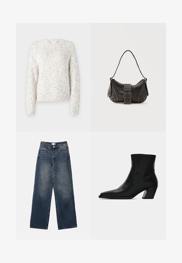 Pull en tricot blanc avec un motif texturé, encolure ronde large et manches longues. Ourlet et poignets côtelés, avec de délicates touches multicolores.; Jeans en denim bleu taille haute pour hommes, avec jambes larges, bouton et fermeture éclair à l'avant, ainsi que poches avant et arrière.; Bottine en cuir noir avec un bout pointu, une silhouette élégante et un talon carré massif. Texture lisse avec des détails de couture minimalistes.; Sac à épaule en cuir noir avec une sangle à boucle, des bords arrondis et des coutures blanches contrastées sur un fond uni.