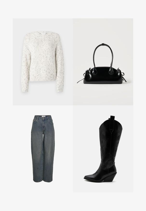 Pull en tricot blanc avec un motif texturé, encolure ronde large et manches longues. Ourlet et poignets côtelés, avec de délicates touches multicolores.; Jean en denim à jambes larges, de couleur bleu foncé, fabriqué en coton texturé. Comprend des poches avant et une fermeture éclair avec un bouton.; Botte de cowboy en cuir noir avec bout pointu, talon bloc incliné, couture décorative et languettes en haut sur fond blanc.; Petit sac à main noir brillant avec deux longues anses et des détails à cordon sur les côtés sur un fond clair uni.
