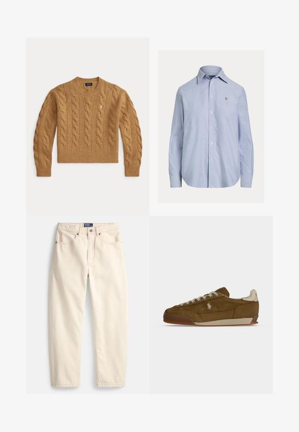 Pull en laine marron chameau tricoté en torsades avec manches longues et poignets et ourlet côtelés, comportant un petit logo brodé sur la poitrine.; Chemise bleu clair à manches longues avec boutons, col pointu et petit logo brodé sur la poitrine gauche.; Jean de couleur crème en denim, présentant une coupe droite, des poches avant et un détail de surpiqûres. Fermeture avec bouton en métal et fermeture éclair.; Baskets en daim marron avec lacets crème, semelle épaisse et petit logo blanc brodé sur le côté.