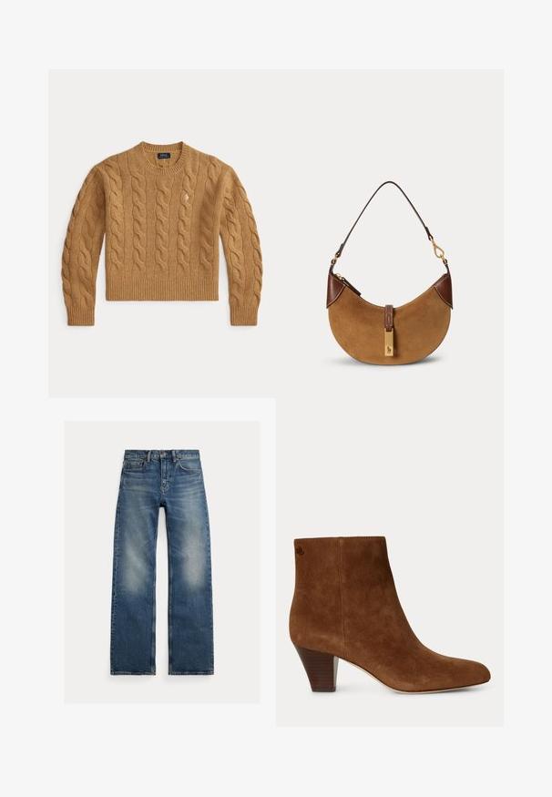 Kamelbrauner, kabelgestrickter Wollpullover mit langen Ärmeln und gerippten Bündchen und Saum, mit kleinem, gesticktem Logo auf der Brust.; Blaue Jeans mit geradem Bein, ausgewaschenen Bereichen an den Oberschenkeln, Fünf-Taschen-Design und Knopfverschluss, flach auf weißem Hintergrund.; Brauner Wildleder-Stiefelette mit niedrigem, geschichtetem Absatz und abgerundeter Spitze, mit kleinem Logo nahe dem oberen Rand.; Braune Wildleder-Halbmonden-Handtasche mit dunkelbraunen Lederakzenten, goldfarbenen Beschlägen und kurzem Schulterriemen.
