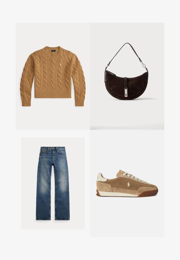 Camelbrun kabelstrikket uldsweater med lange ærmer og ribkanter ved ærmer og kant, med en lille broderet logo på brystet.; Blå jeans med lige ben og falmede områder på lårene, fem-lommer design og knaplukning, lagt fladt på en hvid baggrund.; Lysebrune ruskindsneakers med lav profil, cremefarvede detaljer, snørelukning og gummiydersål. Har en lille logo på siden.; Mørkebrun måneformet ruskindstaske med flettet kant, læderrem og en sølvspænde med en lille hestelogo.