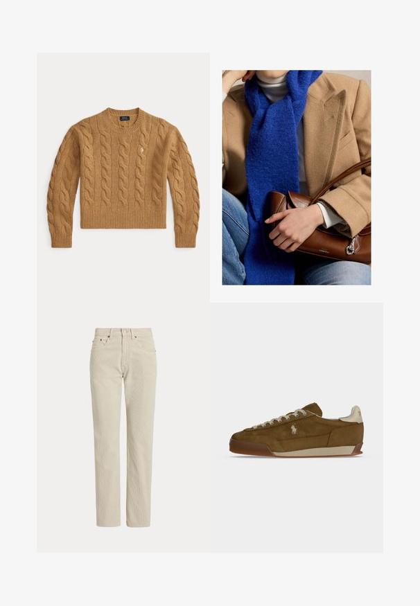 Kamelbrauner, kabelgestrickter Wollpullover mit langen Ärmeln und gerippten Bündchen und Saum, mit kleinem, gesticktem Logo auf der Brust.; Beige Cordhose mit geradem Bein, Gürtelschlaufen, Vorderknopf, Reißverschluss und Fronttaschen.; Brauner Wildleder-Sneaker mit cremefarbenen Schnürsenkeln, dicker Sohle und kleinem weißem gesticktem Logo an der Seite.; Person trägt einen Kamelmantel, weißen Rollkragenpullover, blauen Schal und Jeans und hält eine braune Ledertasche mit kurzem Griff im Schoß.